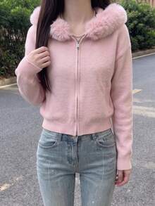 DAZY Women's Lazy Khaki Fur Collar Hooded Sweater Jacket, Autumn/Winter High-End Relaxed Zip-Up Knit Cardigan - Khaki - View 2