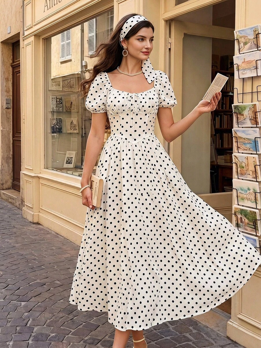 Vintamour Robe à pois imprimés doux à la française avec fronces et nœud pour femmes