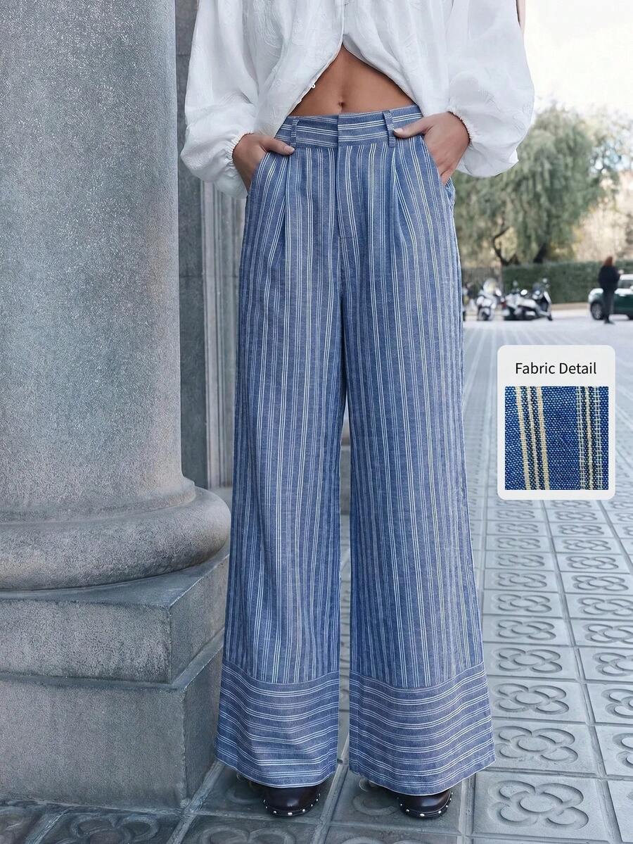 Nöista Blue Striped Mid-Rise Pants With Relaxed Straight Fit. Summer, Fall, Resort, Travel, Casual Style. - Navy Blue - View 1