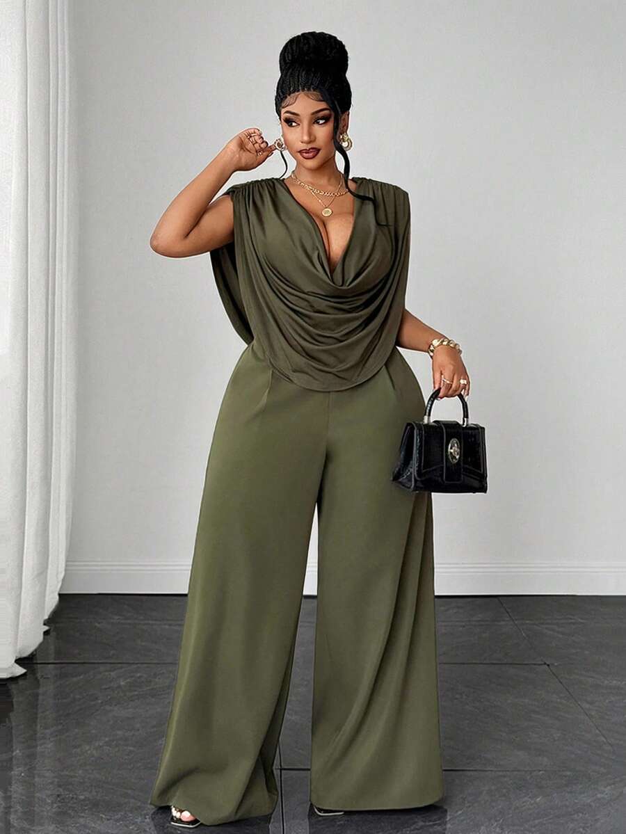 Maweii Plus Size Sexy Cowl Neck Sleeveless Top & High Waist Wide Leg Straight Green Pants 2 Pieces Set - Green - View 1