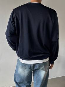 DAZY Men's Navy Blue Ribbed Fabric Patchwork Contrast Letter Embroidery Pullover Sweatshirt, Spring/Autumn - Blue - View 2