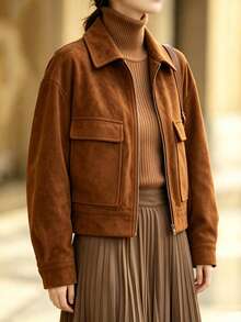 SHEIN Women's Fashion Loose Fit Lapel Drop Shoulder Long Sleeve Patch Pocket Zipper Jacket - Brown - View 5