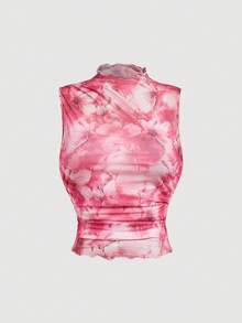 SHEIN MOD Plus Size Vintage Print High Neck Fitted Top, Rose Red, Romantic - Pink - View 1