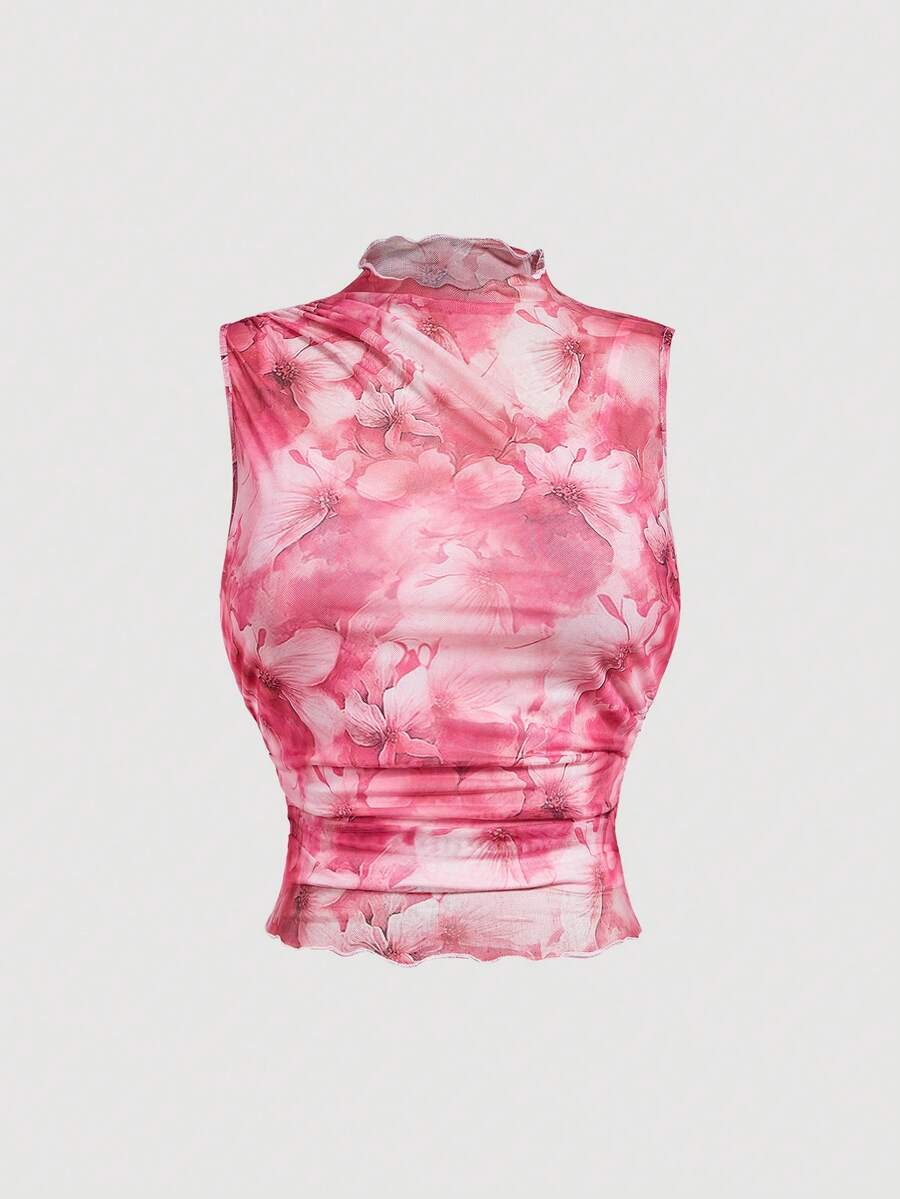 SHEIN MOD Plus Size Vintage Print High Neck Fitted Top, Rose Red, Romantic - Pink - View 1