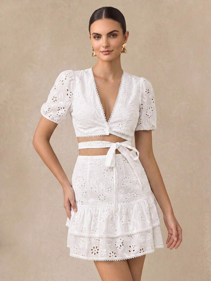 Almamuse Women Elegant Textured Embroidered Mini Skirt Set - White - View 1