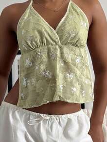leahseptember Tank Top Wanita Pendek Berpayet Bordir Hijau Model Halter Neck yang Memamerkan Perut, Serbaguna - Hijau - View 5