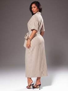 Radiana Elegant Casual Brunch Vacation Fashion Minimalist Linen-Like Blue And White Stripe Striped Waist Belt Cinched Shirt Dress Cotton Blend Long Summer - Apricot - View 3