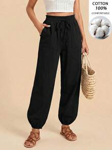Travachic Women's Solid Color Waist Tie Pocket Cuffed Casual Long Pants - Black - View 8