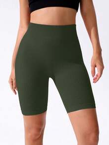 SHEIN Sports 女款純色高腰日常健身運動短褲 - 橄欖綠 - 查看 2