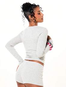 BABYPHAT Logo Ribbed Crop Top And Booty Shorts Co-Ord Set With Heart Detail And Pink Bow Trim - Grey - View 2