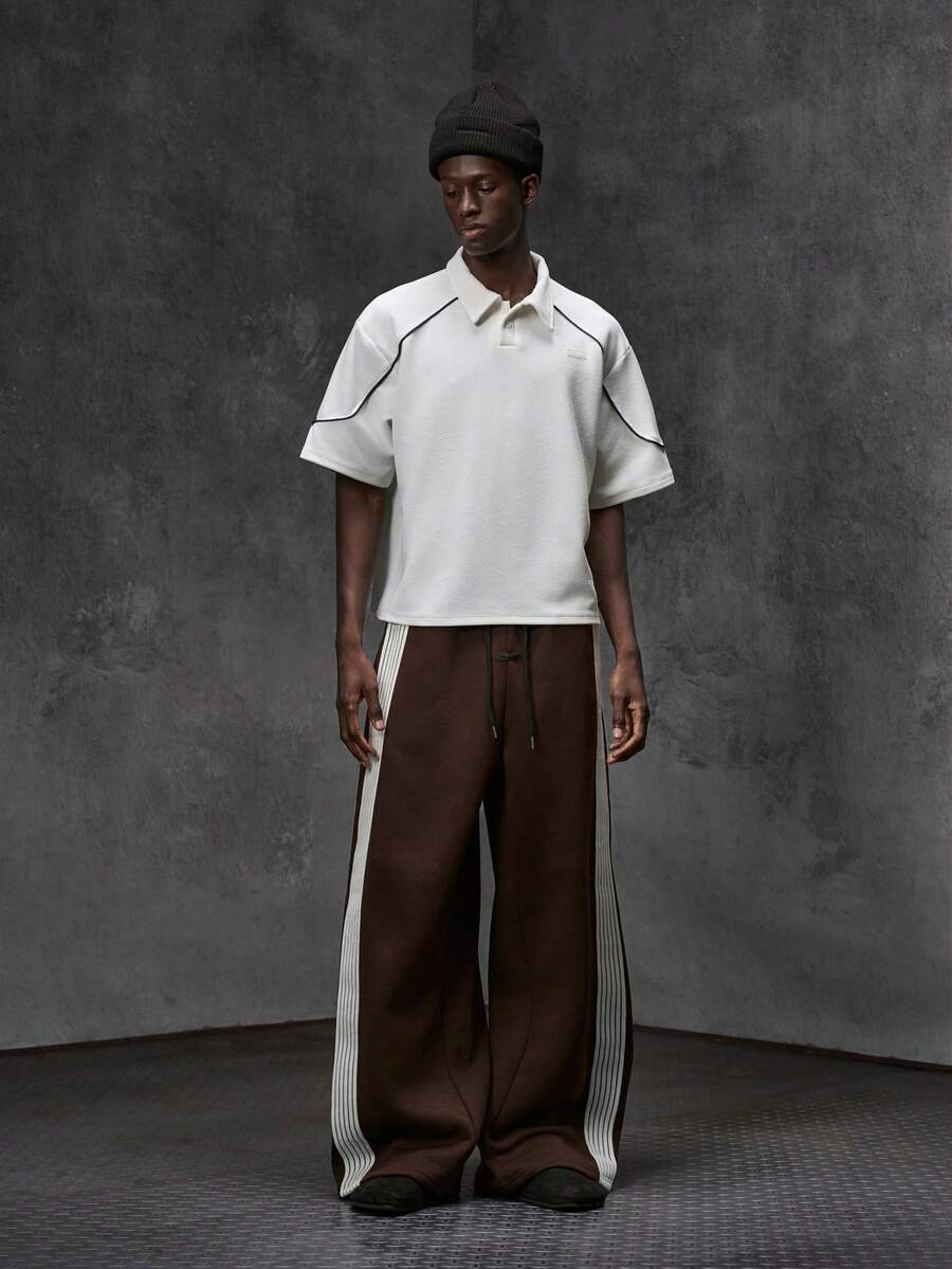 NEON BLANC Men's Casual Loose Fit Long Sweatpants, Spring/Autumn, Brown, Plain With Asymmetrical Patchwork Webbing - Brown - View 1
