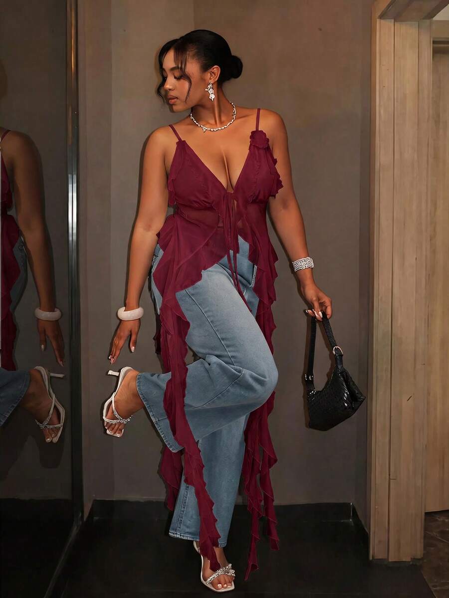 Sassy Hour Plus Size Sexy Ruffle Camisole Blouse, Summer Club Party Burgundy