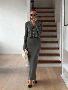 CLARA VERO Ribbed Button Cardigan Knit Skirt Set Office Light Grey Autumn Elegant - Grey - View 5