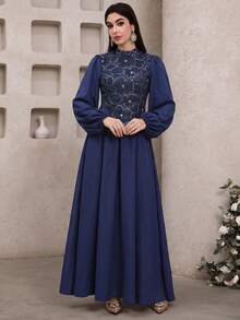 Feyla 女款網紗珠飾刺繡 2 合 1 不對稱下擺百褶長袖洋裝 - 藏蓝色 - 查看 7
