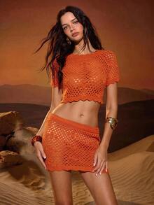 SHEIN Holidaya Women's Elegant Tropical Solid Color Knit 2 Pieces Set Beach Vacation Burnt Orange Autumn - Burnt Orange - View 8