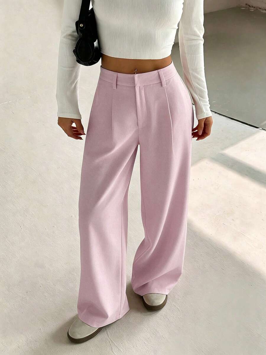 Flirla 女款高級優雅修身休閒寬腿長褲 辦公通勤 粉色 秋季 - 淡紫色 - 查看 1