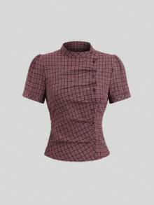 Sweetra Vintage Colorblock Plaid Short Sleeve Shirt For Women, New Tie-Cinched Waist Top - Red - View 4