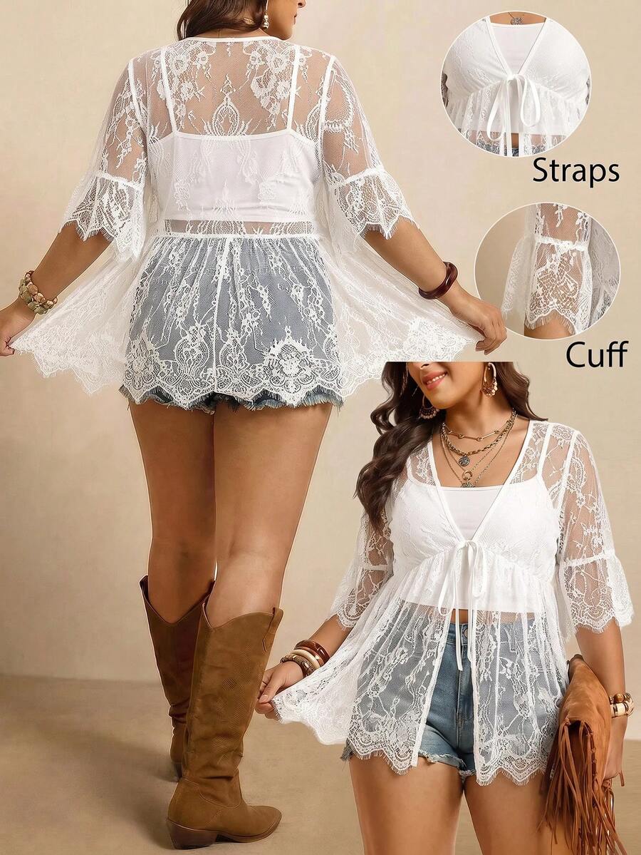 Freevana 大尺碼女款黑色休閒沙灘和服外套 - 白色 - 查看 1