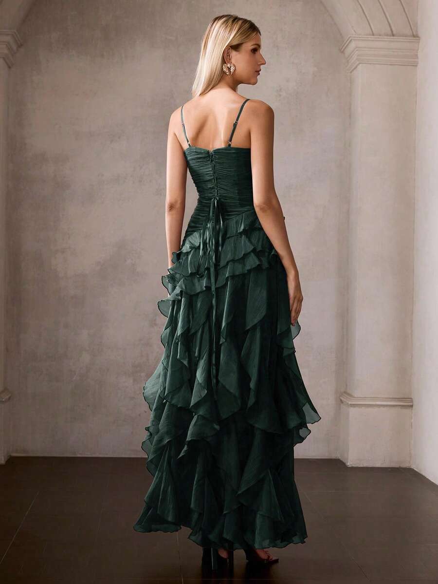 MOTF Soiréza SOLID STEREO FLOWER LAYERED RUFFLE SLIP COCKTAIL DRESS - Dark Green - View 2