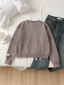 Tween Girl Bow Decor Round Neck Casual Daily Long Sleeve Sweater - Khaki - View 2