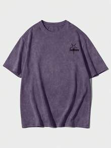 ROMWE MEN Street Life Plus Size Snow-Washed Slogan Print Casual T-Shirt - Purple - View 2