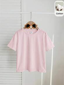 SHEIN 青少年女孩純色針織圓領修身休閒T恤 - 粉色 - 查看 5