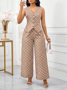 SHEIN Lady 女款蝴蝶結圖案單排扣背心與長褲休閒優雅兩件套 辦公室早午餐米色夏季 - 卡其色 - 查看 3