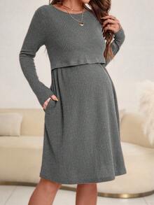SHEIN 孕婦休閒純色哺乳洋裝，適合秋季穿著 - 深灰色 - 查看 4