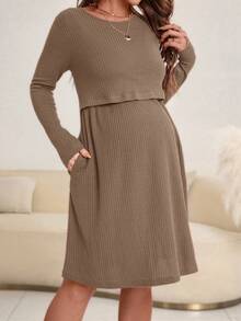 SHEIN Maternity Solid Color Round Neck Long Sleeve Casual Nursing Dress Fall - Camel - View 4