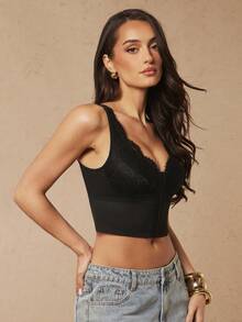 Silquee Women's Fashionable Sexy Lace Patchwork Front Closure Shapewear Top - Black - View 7