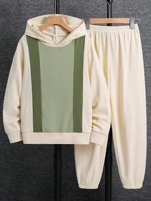 SHEIN 青少年男孩休閒運動學院風拼色拼接華夫格紋布料連帽套頭衛衣與運動長褲套裝，適合日常穿著、學校活動、運動，秋冬款 - 杏色 - 查看 2