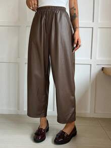DAZY Celana Setelan Wanita Gaya Komuter Berlipit Longgar Berpinggang Tinggi Musim Gugur/Dingin, Bahan Tenun Warna Polos, Dipadukan dengan Jaket Kulit - Coffee Brown - View 3