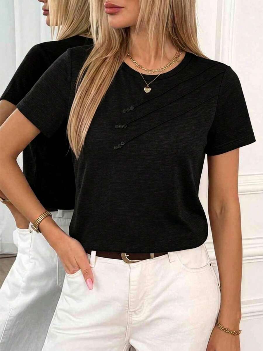 Easowa Solid Button Detail Tee,Casual - Black - View 1
