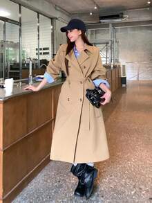 DAZY Women's Solid Color Lapel Collar Spring/Autumn Trench Coat Cute Tops Office Khaki Green French Classic - Khaki - View 4