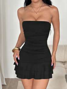 Flirla Women's Solid Color Ruched Strapless Mini Dress With Ruffle Hem Party Club Night Club Black Summer Sexy Bandage Halloween Halloween - Black - View 1