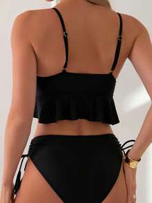 Swim Basics Summer Beach Hollow Out Strap Tie And Spaghetti Strap Bikini Set - Black - View 2