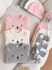 SHEIN 2 件套男婴可爱熊图案长袖连体衣（含裤子），温暖舒适的家居服套装 - 灰色 - 查看 7