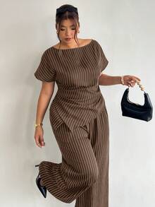 Firerie Plus Size Women's Striped Short Sleeve Top And Long Pants Suit Set - Brown - View 3