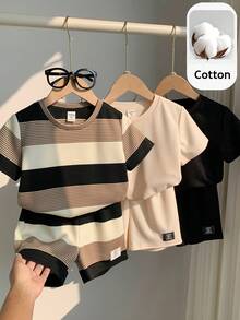 SHEIN 6件套儿童夏季服装，男童舒适休闲圆领短袖T恤、条纹T恤、装饰短裤2件套，高性价比多件套，适合户外玩耍、街拍、派对、居家休闲等场合。 - 彩色 - 查看 4