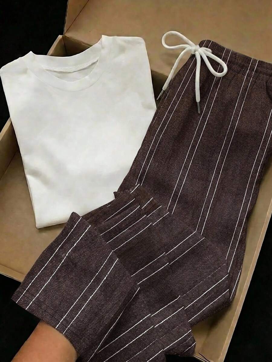 Tseoso 2pcs Set Embroidered Round Neck Short Sleeve Top And Striped Print Pants, Casual - Brown - View 1