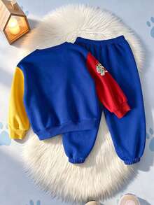 SHEIN | PAW Patrol GraphicGems 小男孩圓領拼色卡通圖案長袖衛衣與運動長褲休閒日常套裝 - 寶藍色 - 查看 7