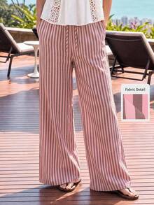 Nöista Pantalones anchos a rayas en color rosa, con una silueta recta y relajada, son elegantes y casuales. El color suave y elegante, así como el material ligero, los hacen adecuados para diversas ocasiones de primavera y verano, desde el trayecto diario hasta las cafeterías y los viajes de fin de semana. Se pueden combinar con tops de punto cortos, camisas y camisetas para crear diferentes estilos. - Rosa - Ver 1
