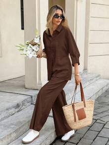 Serisse Women's Solid Color Rolled Sleeve Single-Breasted Shirt And Long Pants Casual 2 Pieces Set - Coffee Brown - View 3