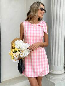 SHEIN PariChic Elegant Plaid Print Bowknot Shoulder Tie Ruffle Hem Mini Dress For Women, Pink & White - Pink - View 7