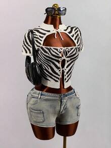 Mistrie American Retro Zebra Stripe Ribbed Knit Short Sleeve New Chinese Style Frog Button Halter Neck Hollow Out Multi-Tie Fitted Cropped Top - Beige - View 7
