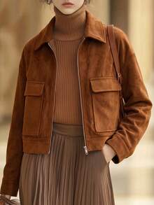 SHEIN Women's Fashion Loose Fit Lapel Drop Shoulder Long Sleeve Patch Pocket Zipper Jacket - Brown - View 1