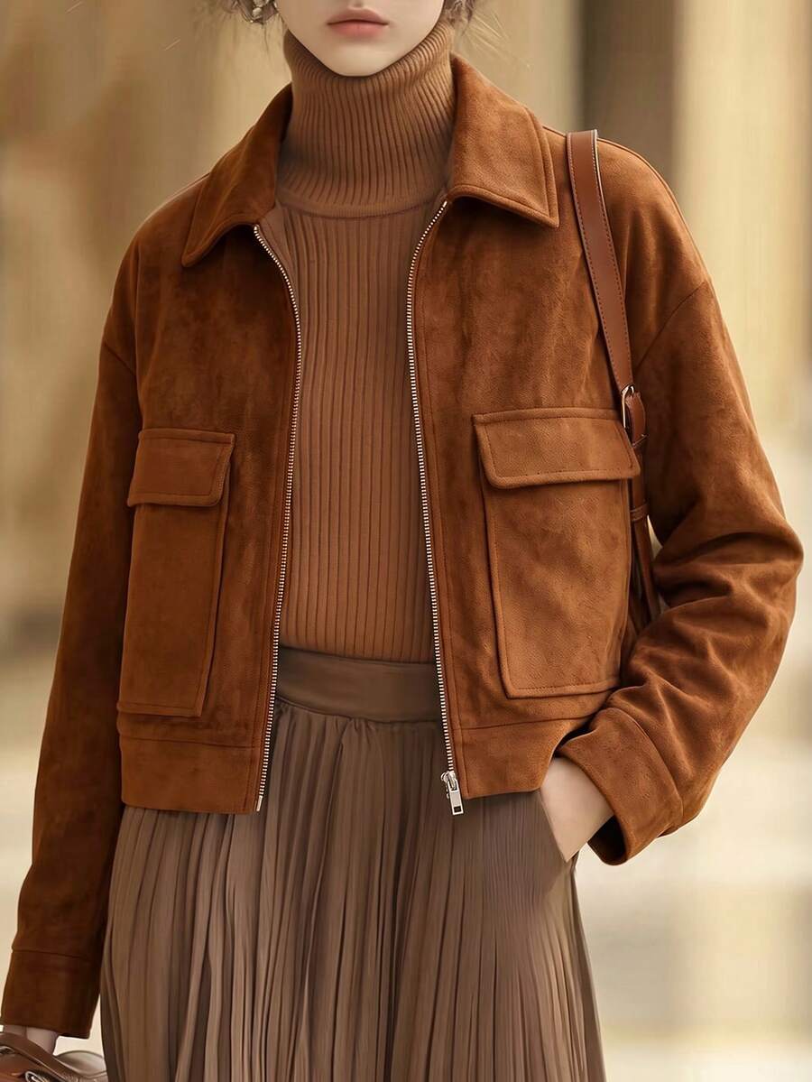 SHEIN Women's Fashion Loose Fit Lapel Drop Shoulder Long Sleeve Patch Pocket Zipper Jacket - Brown - View 1