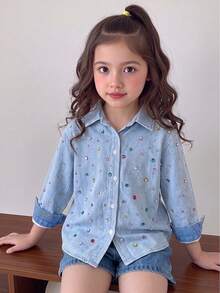 SHEIN Elladie kids 女童藍色印花時尚設計襯衫，翻領長袖寬鬆休閒襯衫，春/秋季休閒襯衫 - 藍色 - 查看 1