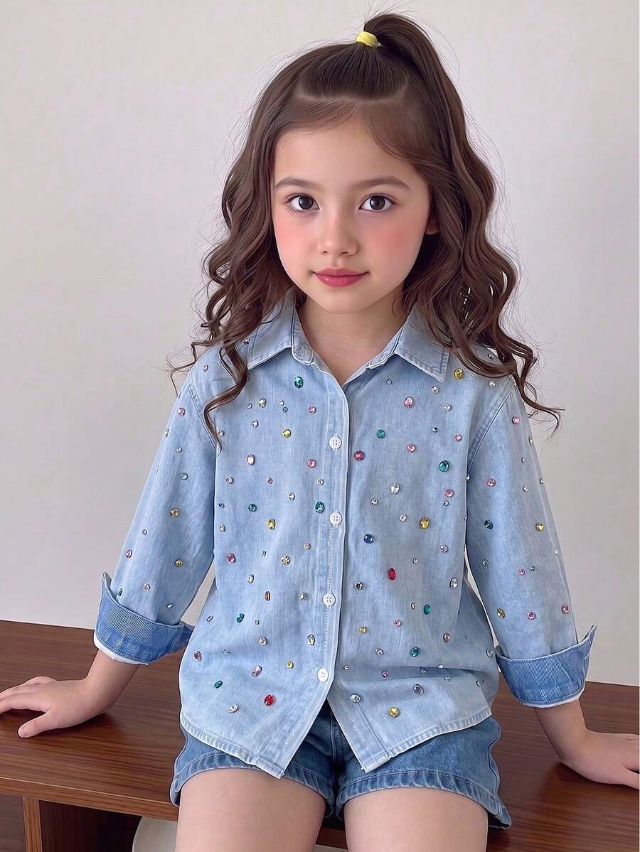 SHEIN Elladie kids 女童藍色印花時尚設計襯衫,翻領長袖寬鬆休閒襯衫,春/秋季休閒襯衫 - 藍色 - 查看 1