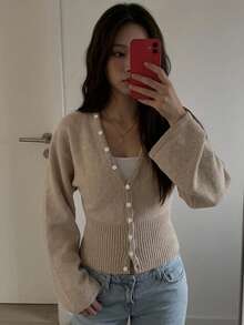 Livesso Women's Solid Color Casual Versatile Daily Wear Cardigan Fall Long Sleeve Tops - Khaki - View 3